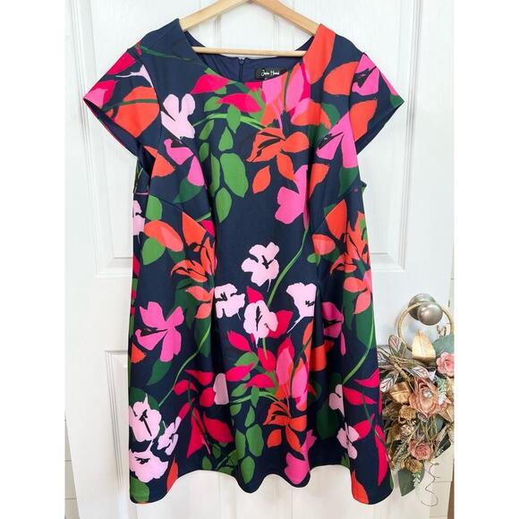 Jessica Howard Navy Floral Pattern Short  Cap Sleeves Crew Neck A Line Dress 22W - Picture 2 of 12